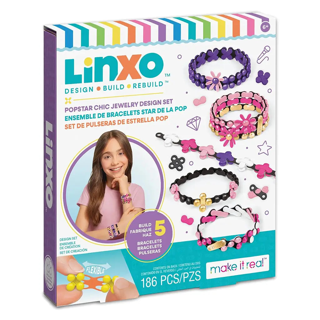 Front of Linxo Popstar Chic Jewelry Design Set packaging showing a smiling girl wearing handmade bracelets, with a preview of colorful, flexible bracelet designs and 186 included pieces.