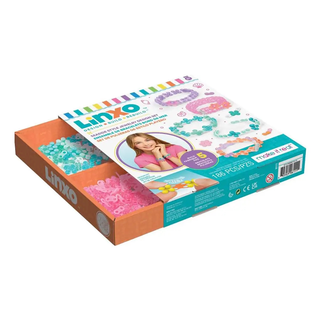 Open Linxo Seaside Style Jewelry Design Set box showing organized compartments of colorful beads and connectors in teal, pink, and orange hues for easy bracelet crafting.