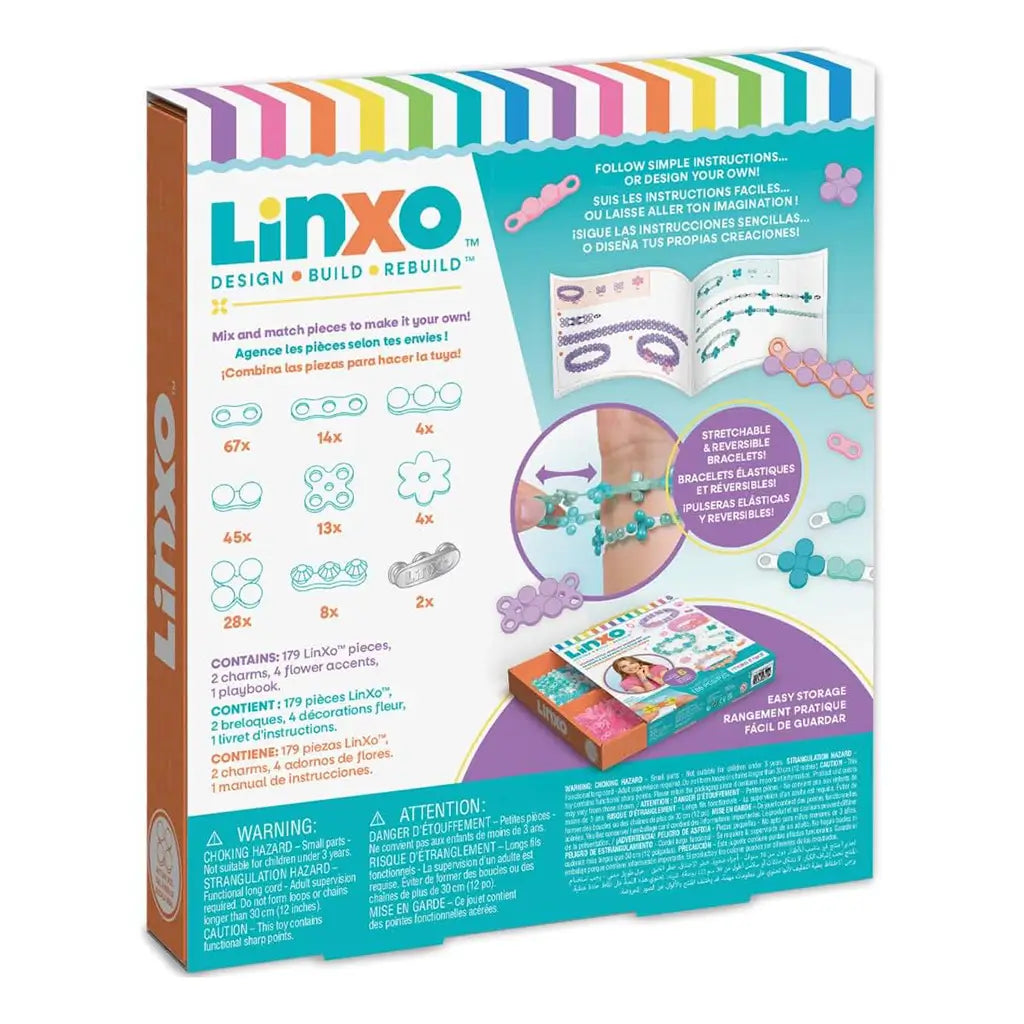 Back of Linxo Seaside Style Jewelry Design Set box showing colorful diagrams, included parts, and simple instructions for assembling reversible and stretchy bracelets.