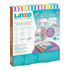 Back of Linxo Seaside Style Jewelry Design Set box showing colorful diagrams, included parts, and simple instructions for assembling reversible and stretchy bracelets.