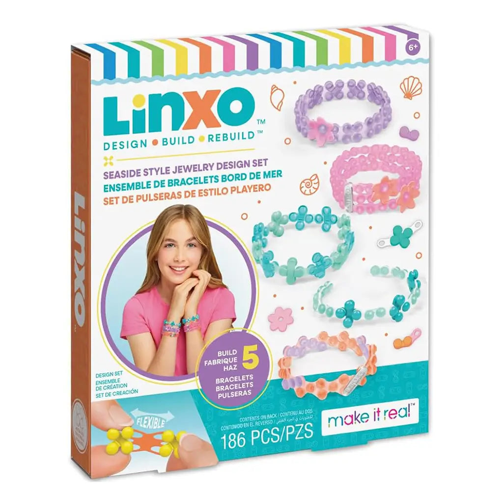 Front of Linxo Seaside Style Jewelry Design Set box featuring a smiling girl in a pink shirt wearing pastel-colored bracelets, with product details and 186 pieces displayed.