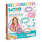 Front of Linxo Seaside Style Jewelry Design Set box featuring a smiling girl in a pink shirt wearing pastel-colored bracelets, with product details and 186 pieces displayed.