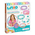 Front of Linxo Seaside Style Jewelry Design Set box featuring a smiling girl in a pink shirt wearing pastel-colored bracelets, with product details and 186 pieces displayed.