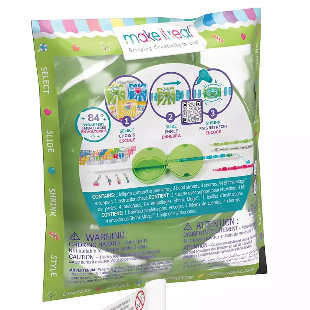 Back of Make It Real Shrink Magic pink kit showing instructions with three-step process: select, slide, and shrink, alongside contents details.