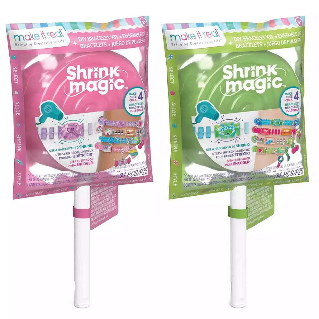 Front packaging of Make It Real Shrink Magic DIY Bracelet Kit in pink and green versions, showing product instructions and colorful beaded bracelet examples.