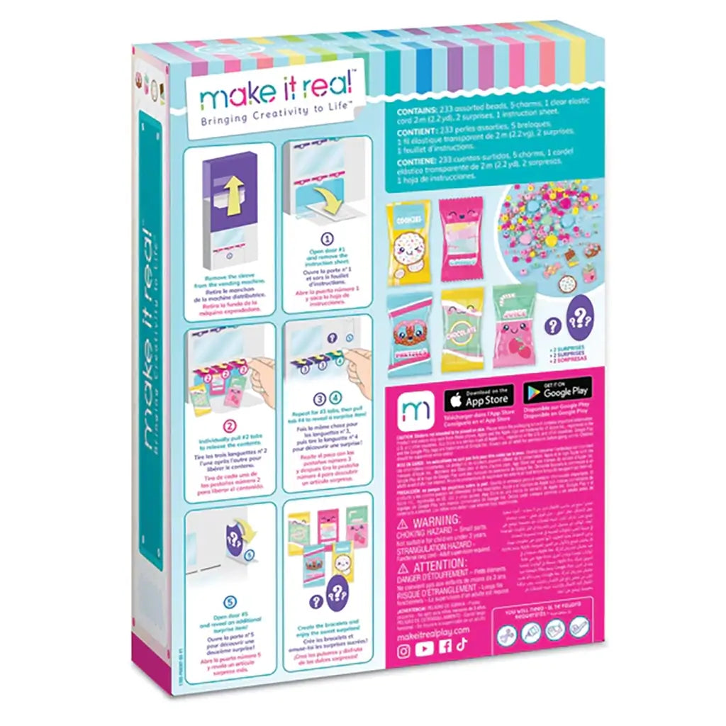 Back packaging of Make It Real Snackers Bracelet Kit showing illustrated instructions, bead contents, and creative bracelet-making steps in pastel colors.