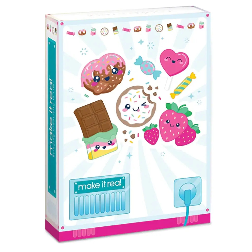Back of Make It Real Snackers Bracelet Kit vending machine box decorated with kawaii-style desserts like donuts, strawberries, and candies on a pastel blue background.