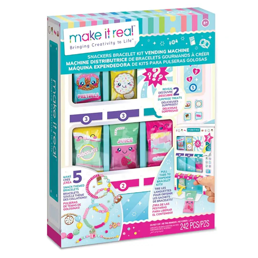 Make It Real Snackers Bracelet Kit vending machine packaging featuring colorful treat-shaped bracelet kits with playful snack designs for creative jewelry making.