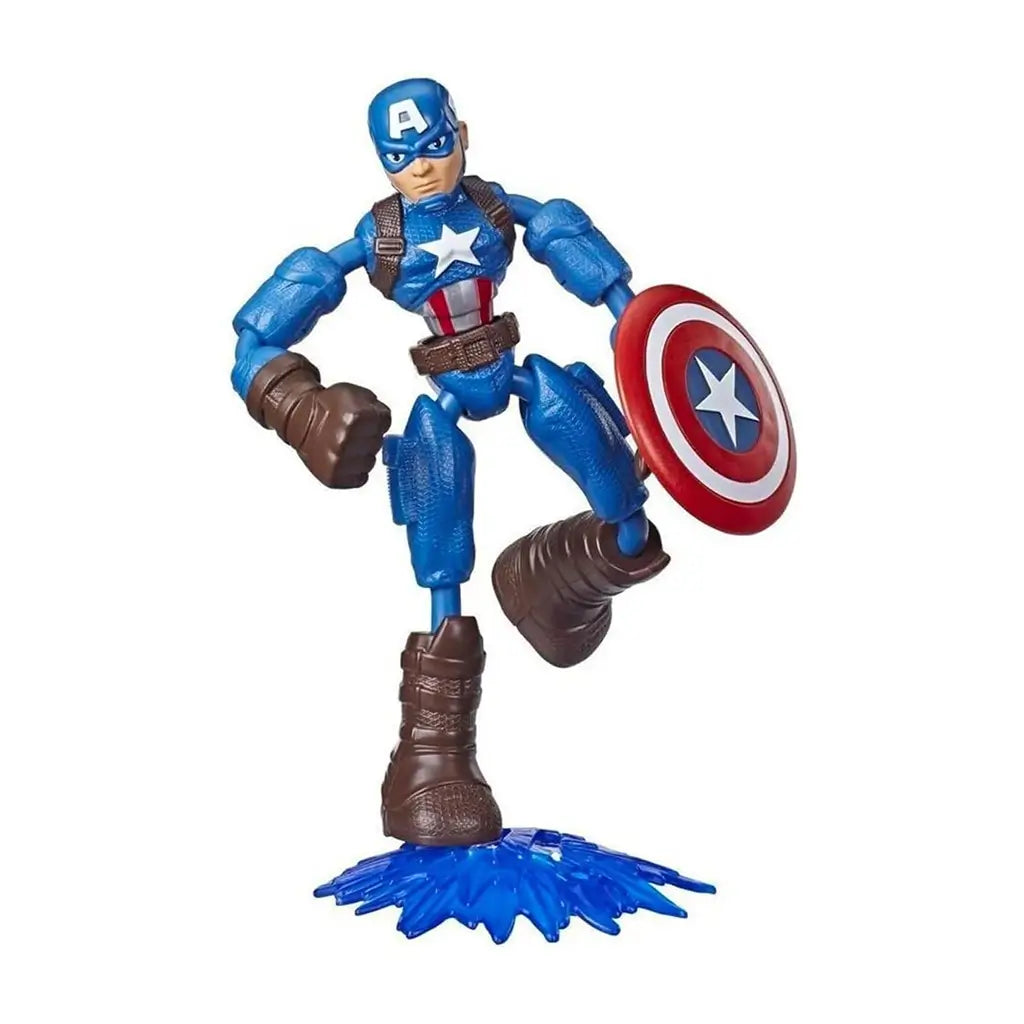 Marvel Captain America Bend and Flex action figure in blue, red, and brown colors with a red and white star shield, standing on a translucent blue base, posed in a dynamic kicking motion.