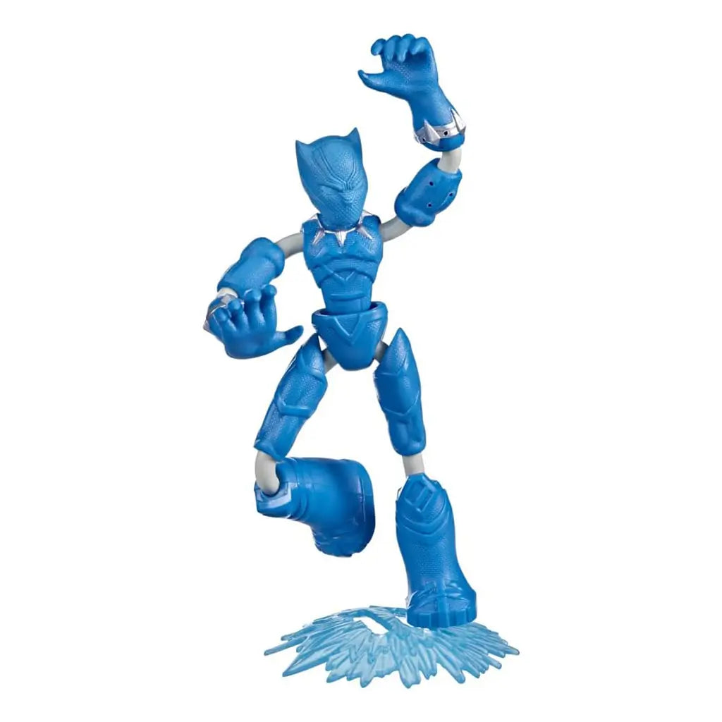 Marvel Avengers Bend and Flex Missions Black Panther action figure in icy blue armor with bendable limbs, dynamically posed on a translucent blue ice base to highlight flexibility and articulation.