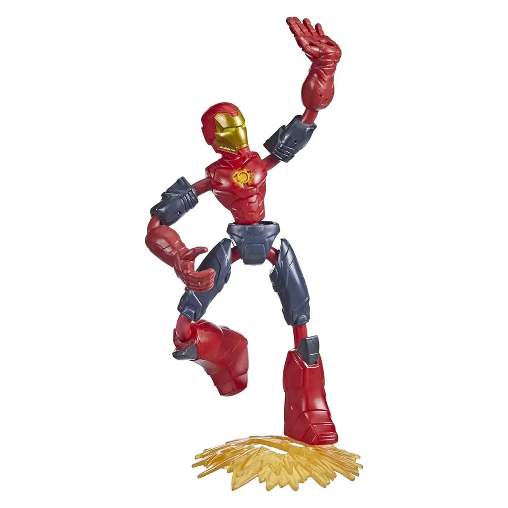 Marvel Avengers Bend and Flex Missions Iron Man action figure in red and gold armor, standing dynamically with bendable limbs and a yellow blast effect base, emphasizing flexible articulation.