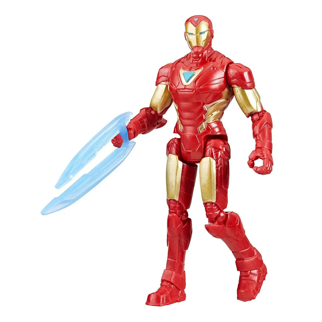 Marvel Avengers Epic Hero Series Iron Man 4-inch action figure featuring red and gold armor with a blue arc reactor, holding translucent blue energy blades, showcasing detailed sculpting and articulation.