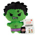 Marvel Moodiverse Series 1 Angry Hulk plush toy, soft green fabric with black hair, stitched frowning face, clenched teeth, and purple shorts, shown with Marvel brand tag.