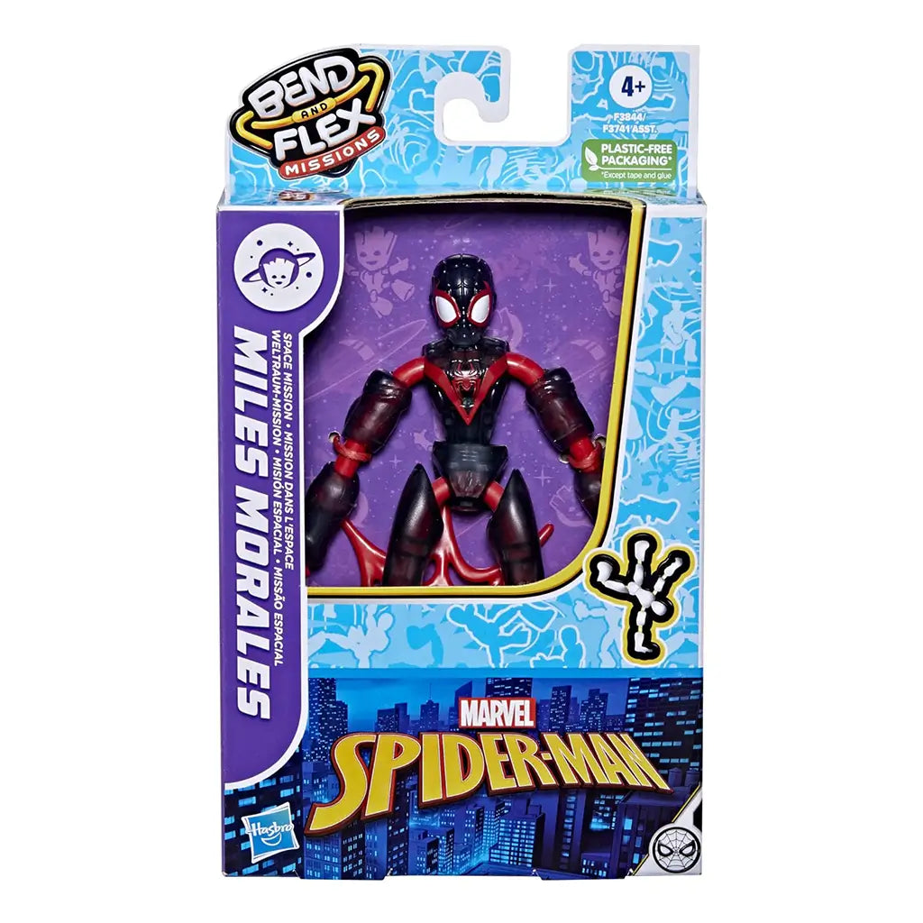 Front of Marvel Spider-Man Bend and Flex Missions Miles Morales packaging showing the black and red action figure in a window box with cityscape graphics, logo branding, and plastic-free packaging label.