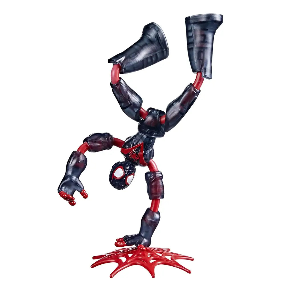 Marvel Spider-Man Bend and Flex Missions Miles Morales action figure in black and red costume, posed on one hand with a red web base, showing flexible limbs and dynamic articulation for play.