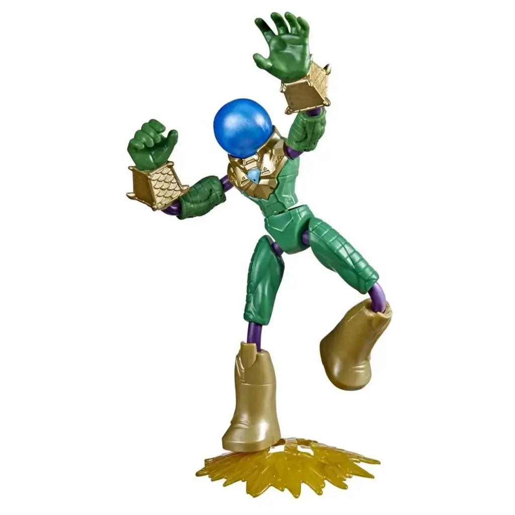Marvel Spider-Man Bend and Flex Missions Mysterio action figure in green armor with gold boots and fishbowl helmet, posed dynamically on a yellow blast base with flexible joints for creative play.