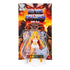 Packaged Masters of the Universe She-Ra action figure in clear blister pack with fiery illustrated background and “Most Powerful Woman in the Universe” tagline.