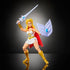 She-Ra Masters of the Universe action figure in white and gold attire with red cape, posed with sword raised and shield held defensively on reflective black surface.