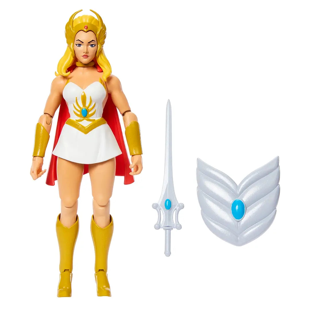She-Ra action figure with blonde hair, white and gold outfit, red cape, and gold boots, shown with silver sword and white shield accessories against white background.