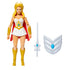 She-Ra action figure with blonde hair, white and gold outfit, red cape, and gold boots, shown with silver sword and white shield accessories against white background.