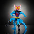 Blue plastic action figure of Masters of the Universe character Mantenna, with red bug-like head, large yellow eyes, and four legs, posed dynamically on reflective black surface.