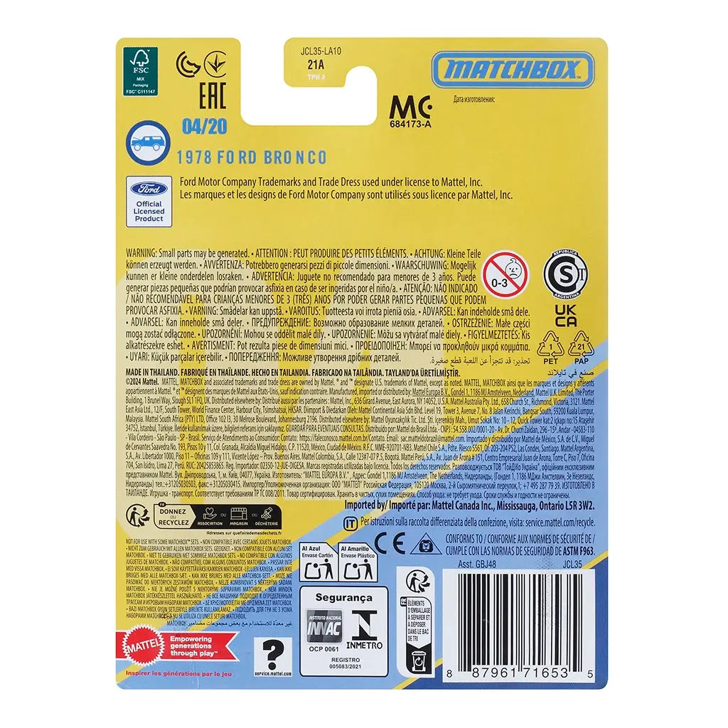 Rear packaging of Matchbox Collectors 1978 Ford Bronco toy car, yellow card with Ford licensed branding, safety warnings, recycling icons, and product manufacturing details.