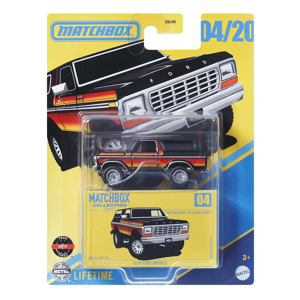 Matchbox Collectors 1978 Ford Bronco die-cast car in black with red and orange stripes, packaged in yellow card backing with bold artwork and clear plastic display window.
