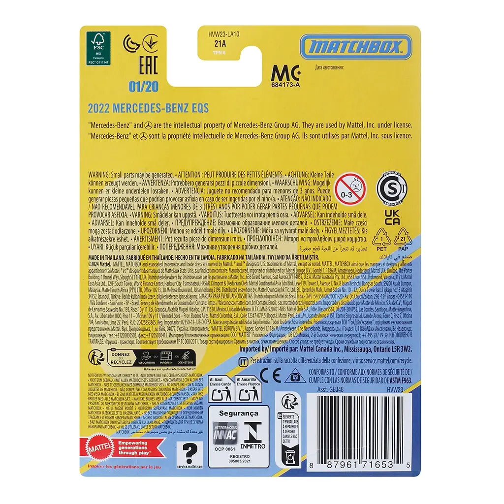Back packaging of Matchbox 2022 Mercedes-Benz EQS die-cast car, featuring product details, safety warnings in multiple languages, and recycling symbols.