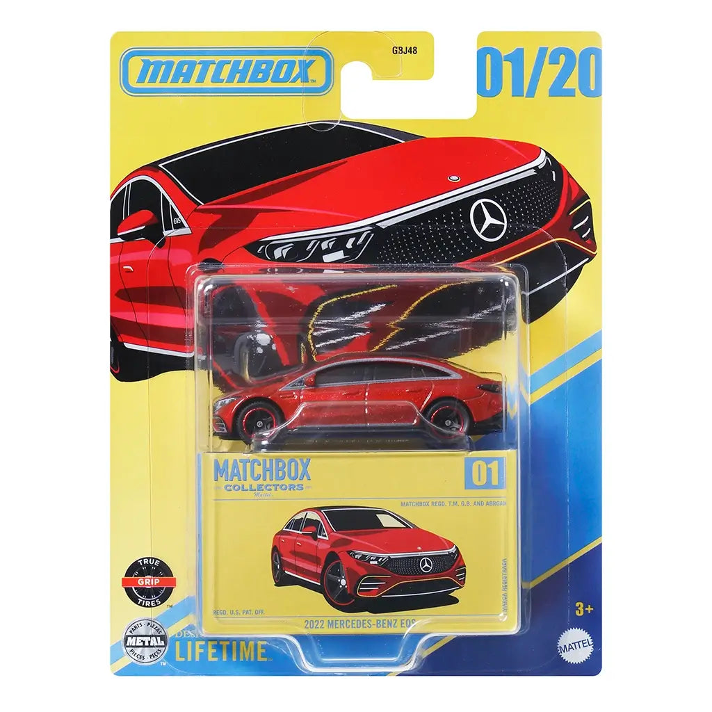 Front retail packaging of Matchbox 2022 Mercedes-Benz EQS die-cast car, showing the miniature red vehicle in clear blister pack with bold yellow and blue branding.