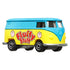 Miniature Matchbox Volkswagen delivery van toy in yellow and blue with “Fluffy Stuff” cotton candy graphics, silver bumpers, and black wheels, displayed at front angled view.