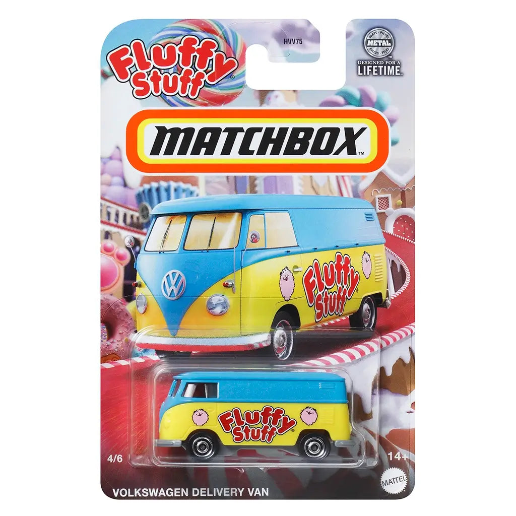 Matchbox Volkswagen delivery van toy in 1:64 scale, painted blue and yellow with “Fluffy Stuff” cotton candy branding, packaged on a candy-themed card with colorful background.