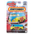 Matchbox Volkswagen delivery van toy in 1:64 scale, painted blue and yellow with “Fluffy Stuff” cotton candy branding, packaged on a candy-themed card with colorful background.