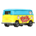 Diecast Matchbox Volkswagen delivery van toy in blue and yellow with “Fluffy Stuff” cotton candy logo and cartoon puffs, shown from rear angled side on white background.