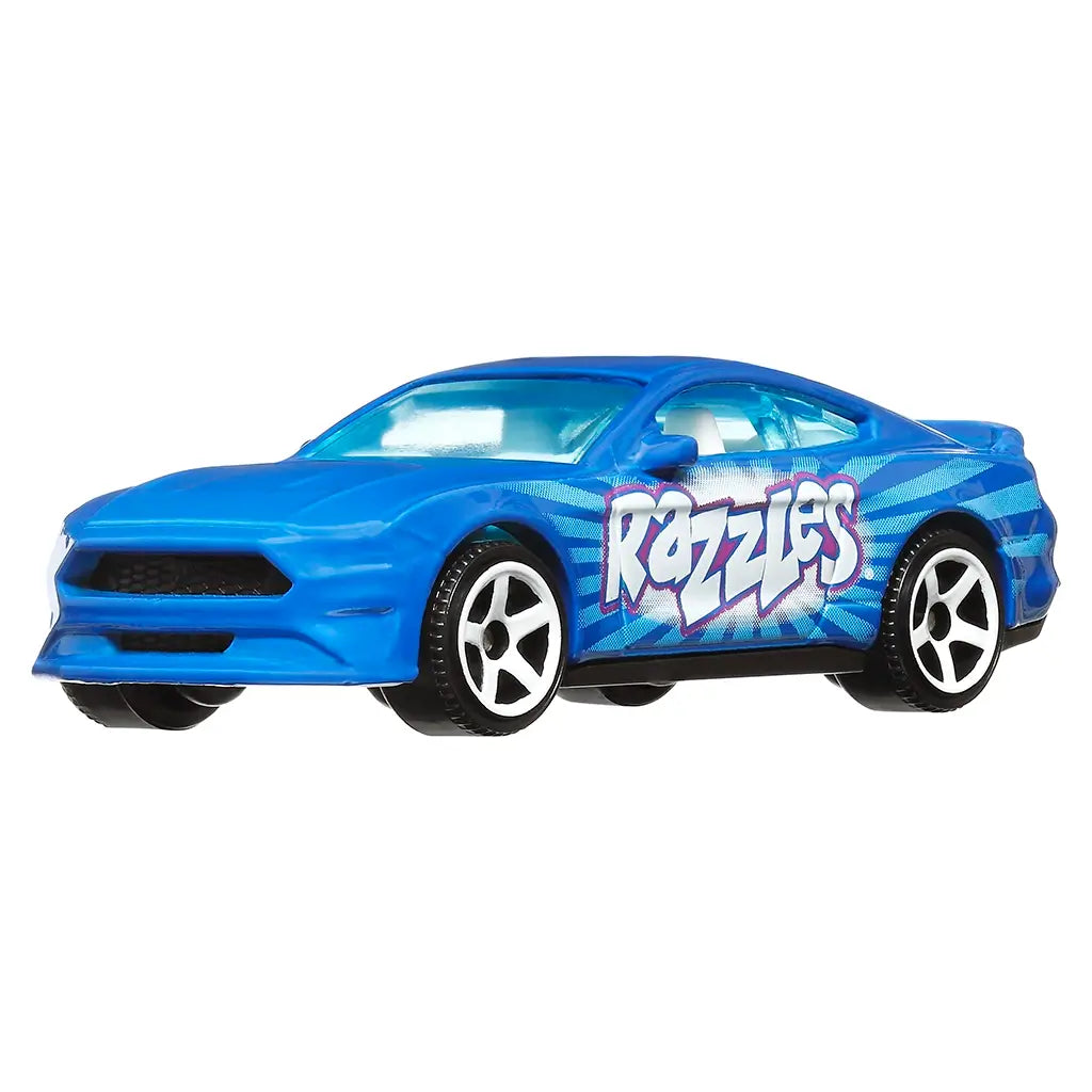 Blue Matchbox ’19 Ford Mustang Coupe die-cast car with “Razzles” logo in white graffiti lettering, shown angled to highlight its sporty coupe body and black grille design.