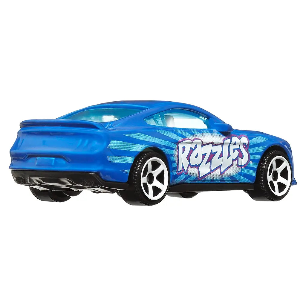 Metallic blue Matchbox ’19 Ford Mustang Coupe toy car with bold “Razzles” side graphic, displayed from rear angle to show sculpted tail lights, spoiler, and sporty rims.