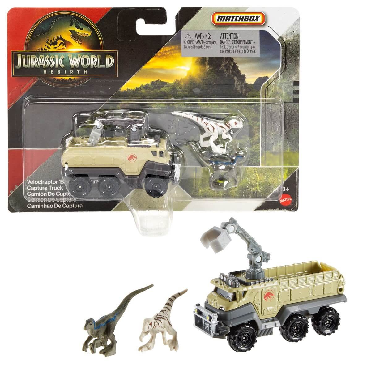 Matchbox Jurassic World Dino Transporter Velociraptor "Blue" and Atrociraptor Capture Truck Vehicle Set