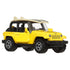 Matchbox Moving Parts 2016 Jeep Wrangler Rubicon toy car in bright yellow with black accents, open roof, and detailed rugged tires, shown from angled front view.