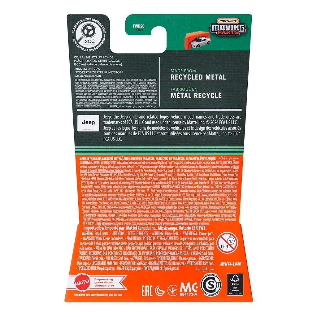 Back of Matchbox Moving Parts 2016 Jeep Wrangler Rubicon package, showing recycled material details, safety warnings, and official Jeep licensing text.