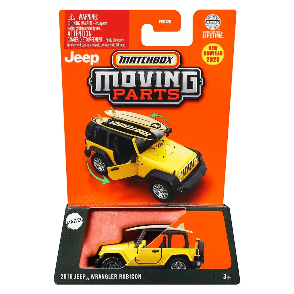 Matchbox Moving Parts 2016 Jeep Wrangler Rubicon die-cast toy in yellow, displayed in retail packaging with orange background and labeled moving doors feature.