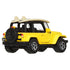 Matchbox 1:64 scale 2016 Jeep Wrangler Rubicon model car in yellow with black trim, spare tire on back, and realistic rugged styling, shown from rear angled view.