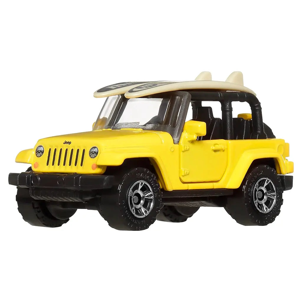 Matchbox 2016 Jeep Wrangler Rubicon die-cast model in yellow with opening doors, black roll cage, and surfboard-style roof detail, displayed from side front angle.