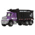 Matchbox International WorkStar 7500 Dump Truck diecast in purple and black Weise Bros. Hauling livery, detailed chrome grille, and black dump bed shown in angled view.