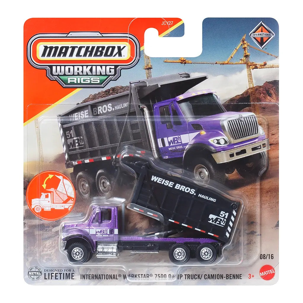 Matchbox Working Rigs International WorkStar 7500 Dump Truck in 1:64 scale, packaged in blister pack with illustrated construction site background and Weise Bros. Hauling branding.