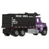 Matchbox International WorkStar 7500 Dump Truck diecast in 1:64 scale, purple cab, chrome bumper, black dump bed with Weise Bros. Hauling branding, shown from rear angled view.