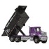 Matchbox International WorkStar 7500 Dump Truck toy in purple cab with silver accents and black dump bed, featuring Weise Bros. Hauling logo, displayed with raised dump bed.
