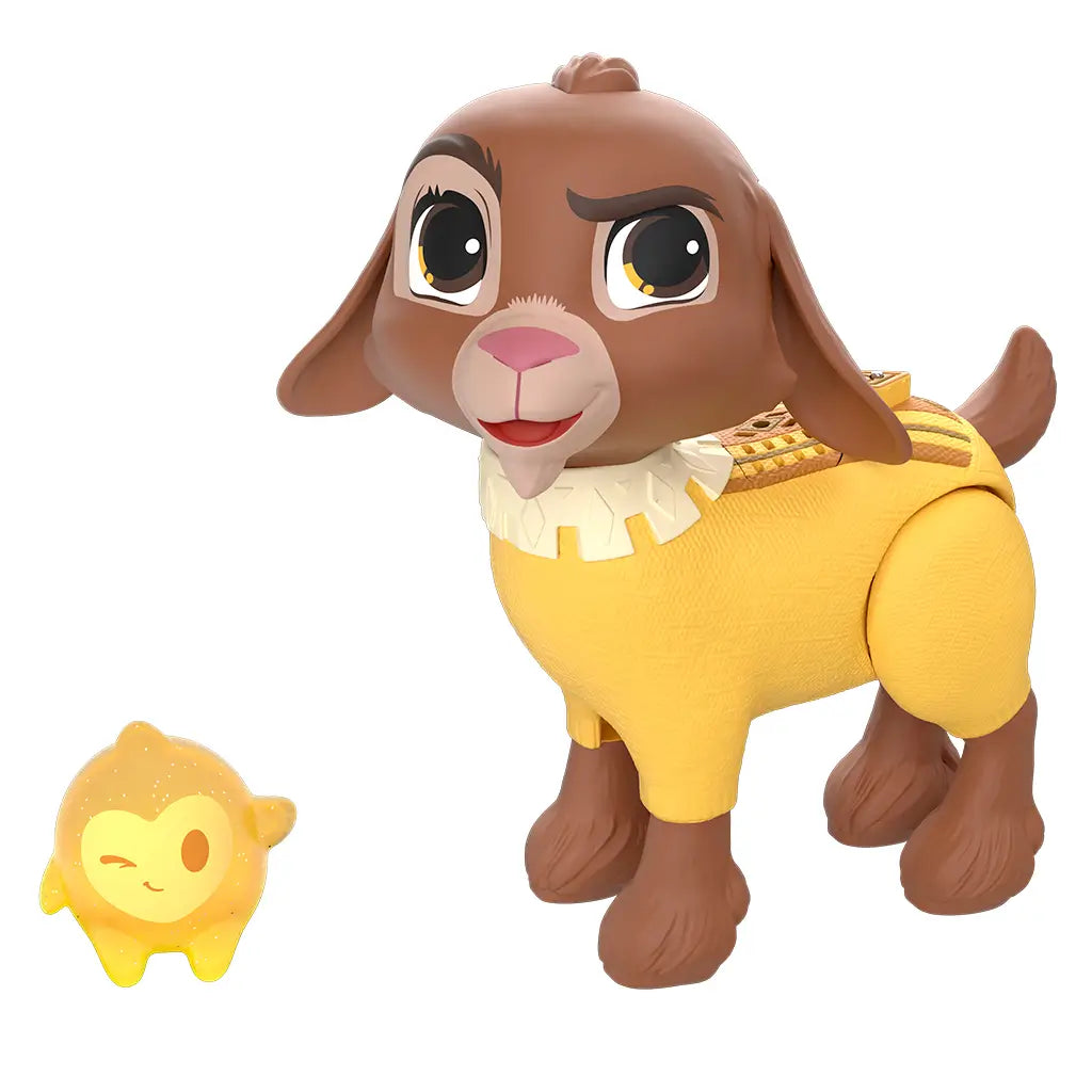 Disney Wish Valentino goat toy in yellow outfit with removable glittery yellow Star figure beside it, featuring expressive face and poseable legs.