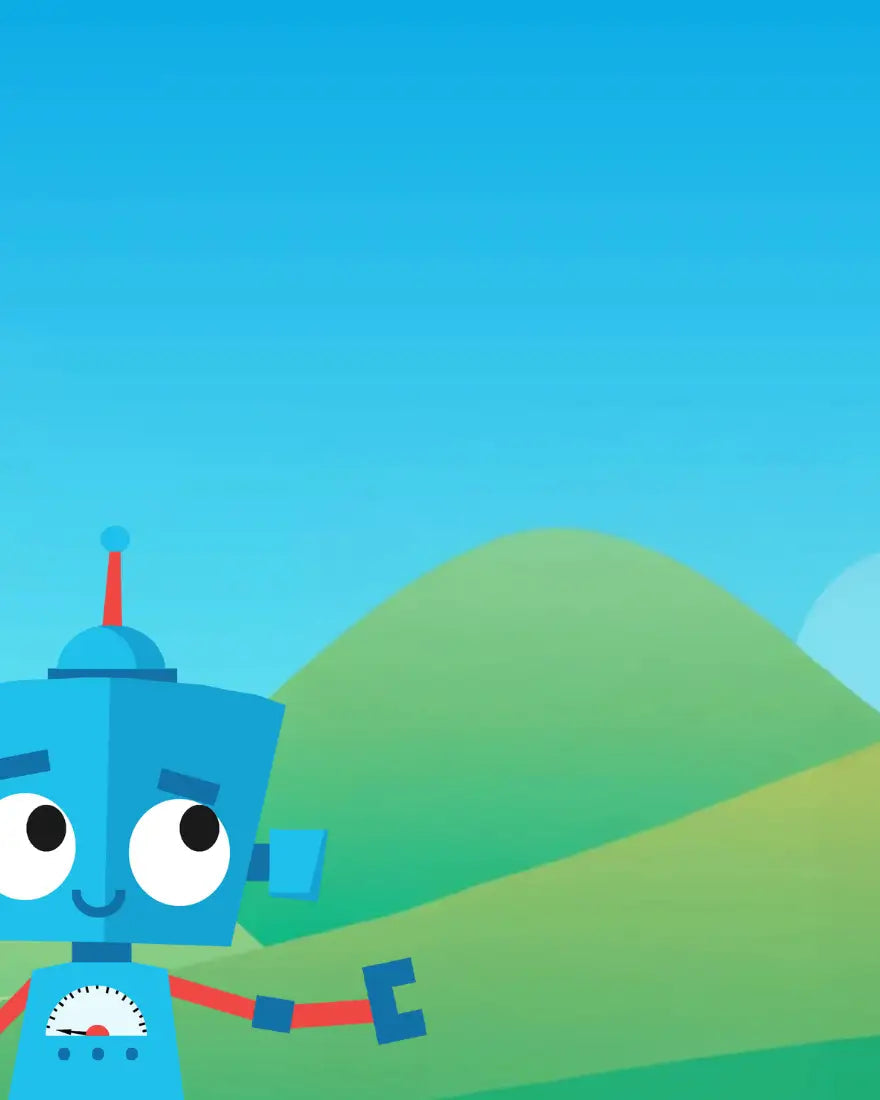 Cartoon robot mascot Mazbot with a blue square head, red arms, and claw hands smiling in front of rolling green hills under a bright blue sky.