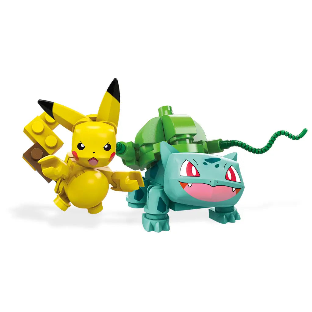 Mega Construx Pokémon set featuring yellow Pikachu with lightning bolt tail and green Bulbasaur with vine whip, both in action poses designed for interactive battle play.