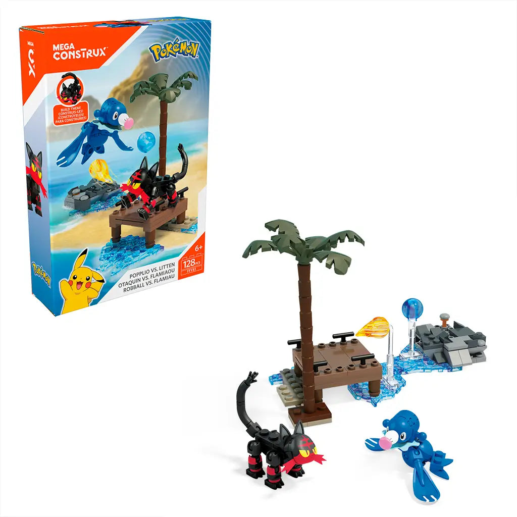 Mega Construx Pokémon set showing Litten and Popplio battling on a tropical dock scene with palm tree, rocky water base, and packaging box highlighting the 128-piece construction toy set.