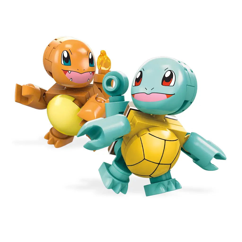 Close-up of Mega Construx Pokémon Squirtle and Charmander figures, with bright colors, expressive faces, and movable arms for posing in battle scenes.